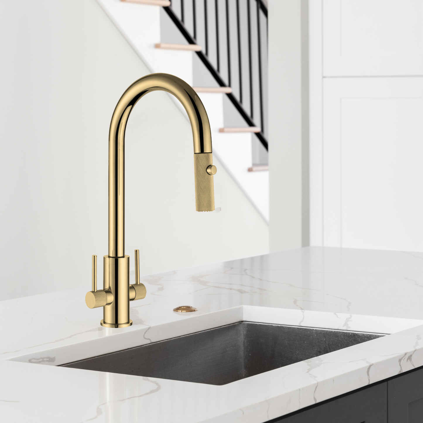 Double Handle Kitchen Faucet Knurled Handles and Spout