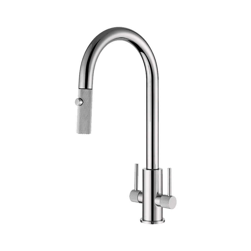 Double Handle Kitchen Faucet Knurled Handles and Spout