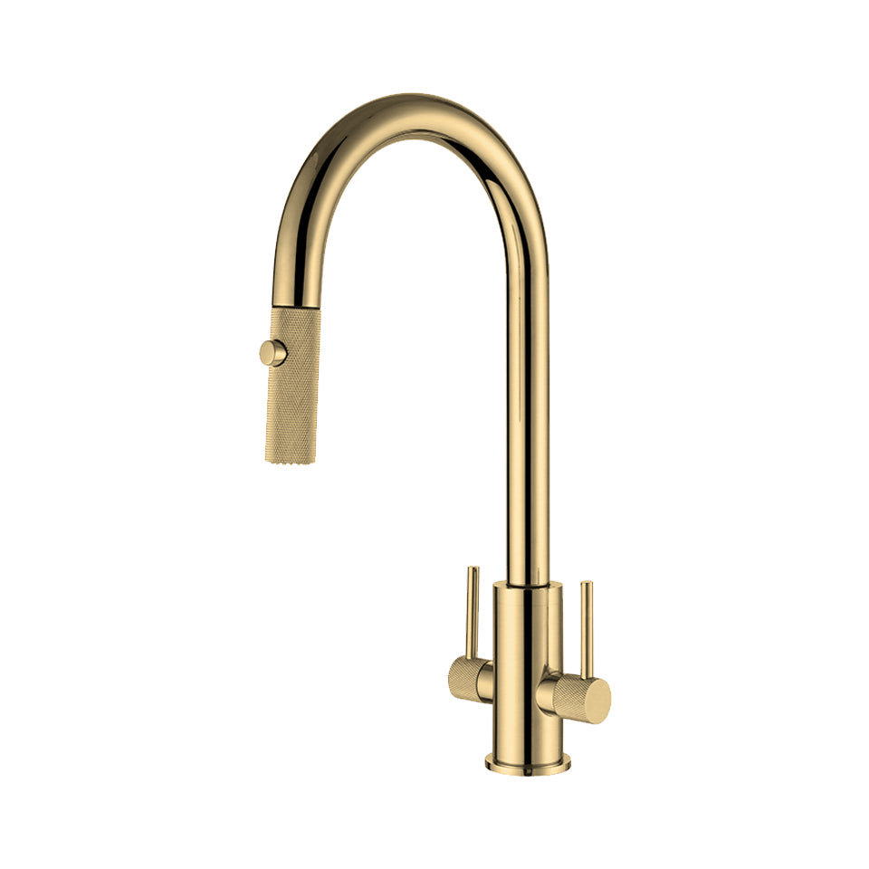 Double Handle Kitchen Faucet Knurled Handles and Spout